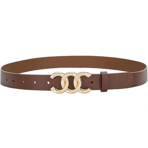Stylish Brown Faux Leather Belt with Gold Buckle - Picture 2 of 2